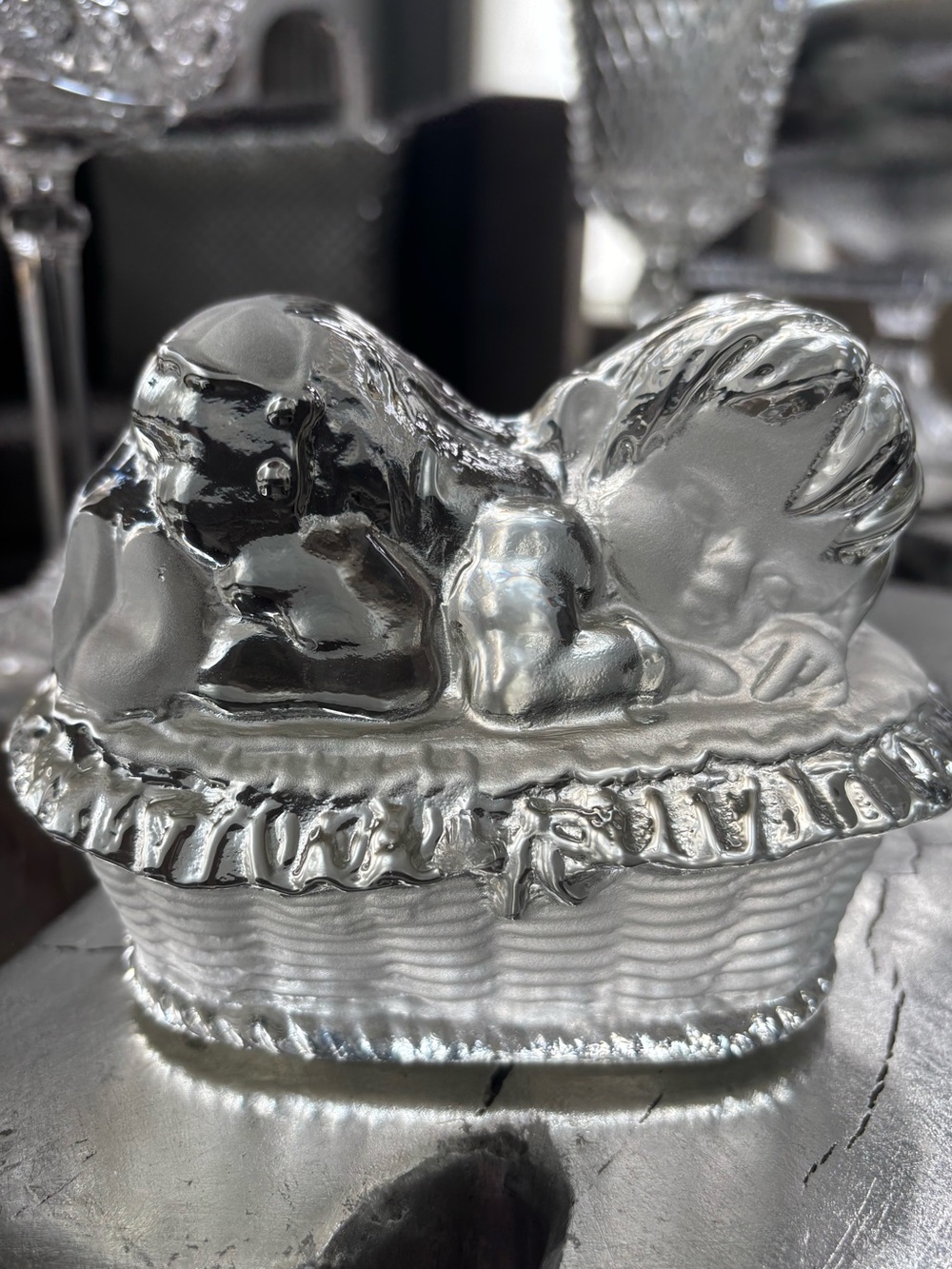 Vintage 50s 60s Viking frosted and glass sleeping baby in a basket paperweight